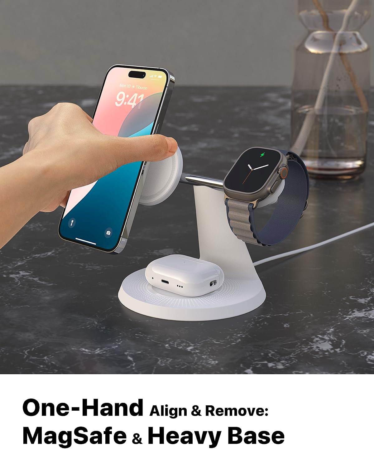 ZECHIN 3 in 1 Wireless Charging Station for Apple Devices with MagSafe | Charging for iPhone 17/Air/16/15/14/13, AirPods, Apple Watch, Weighted Stable Charging Stand, USB-C Adapter Included