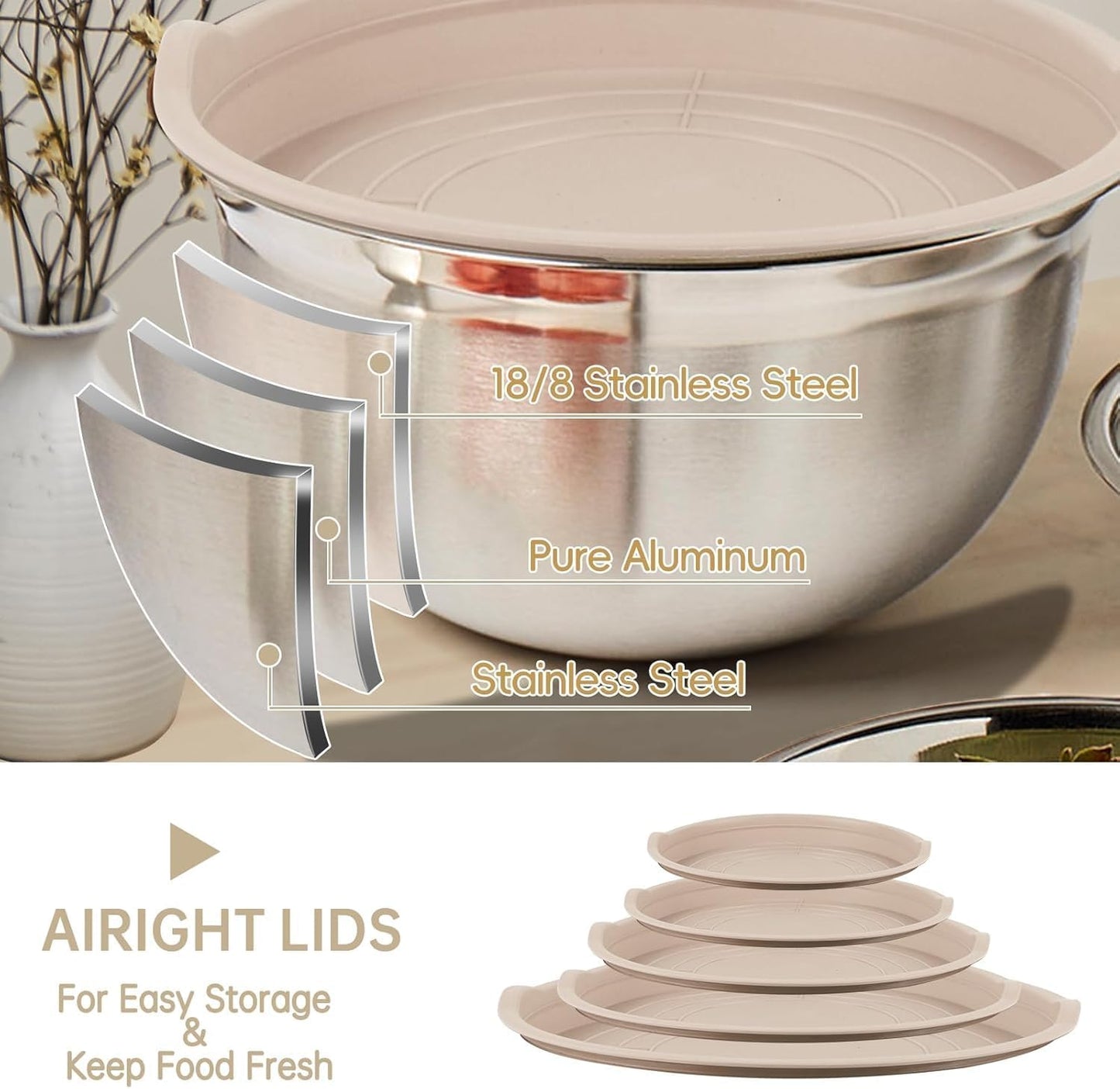 WEPSEN Mixing Bowls Set, 25PCS Khaki Mixing Bowls With Lids Set Stainless Steel Kitchen Large Nesting Metal Bowl 7QT to 1.5QT, Measuring Cups and Spoons for Prepping Cooking Serving