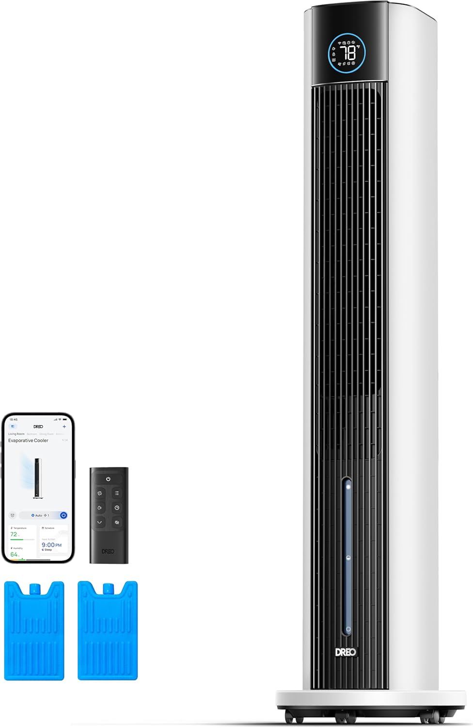 DREO Evaporative Air Swamp Cooler, 43" Cooling Fans that Blow Cold Air 2026 Upgraded, 80° Oscillating Floor Fan for Bedroom, Easy Cleaning, APP Control, Ice Packs, 4 Speeds & 4 Modes, 12H Timer, White