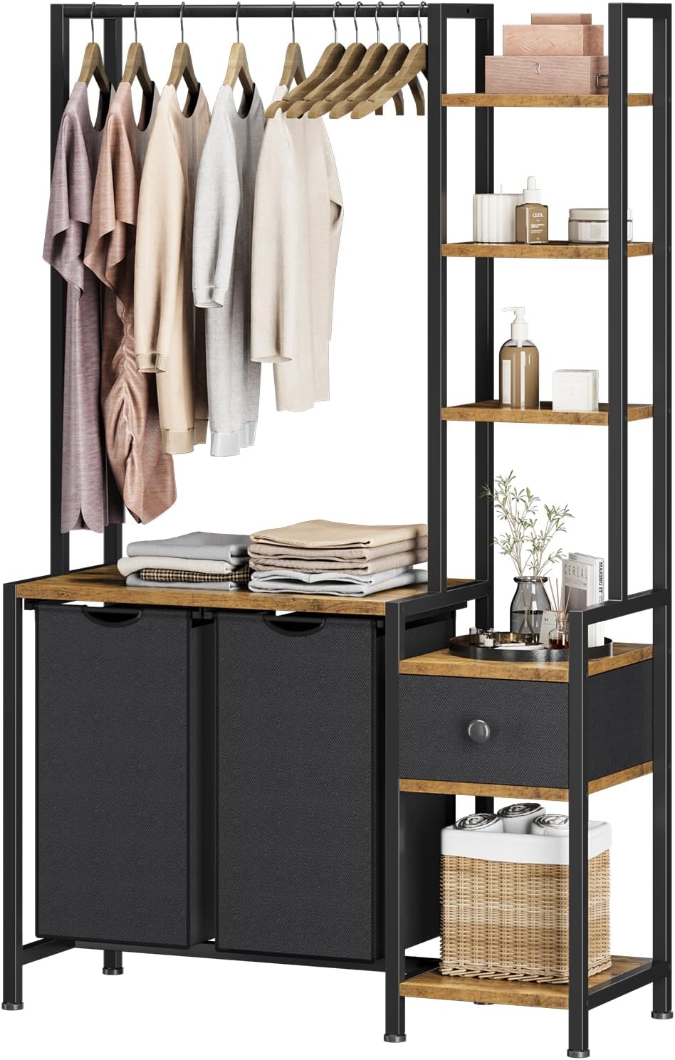Creso hom Laundry Hamper with Shelf, 5 Tiers Tall Laundry Basket Sorter with 2 Pull-Out and Removable Bags, Clothes Rack with Laundry Sorter for Laundry Room Bathroom Bedroom, Rustic Brown