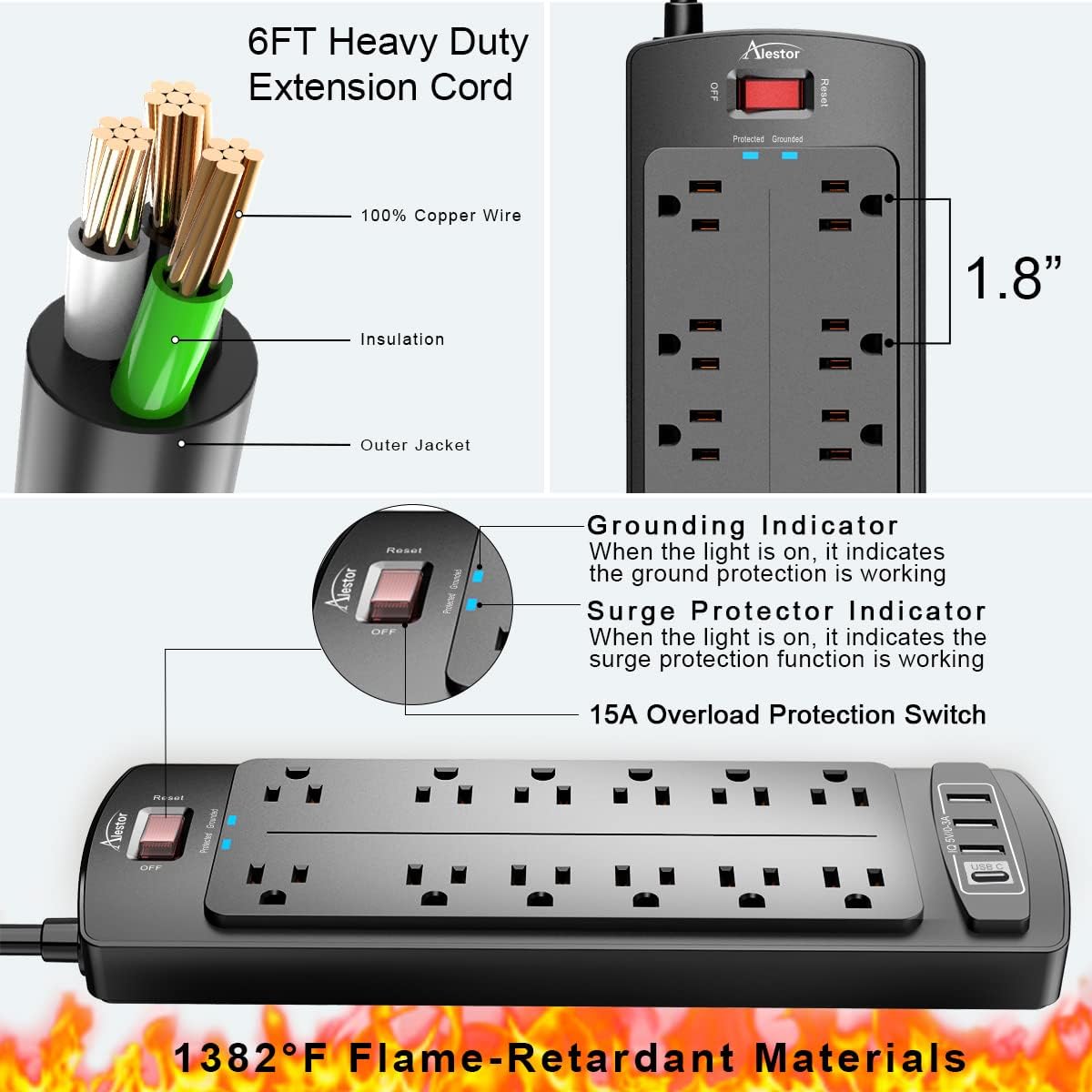 Power Strip, ALESTOR Surge Protector with 12 Outlets and 4 USB Ports, 6 Feet Extension Cord, 2700 Joules, ETL Listed, Black