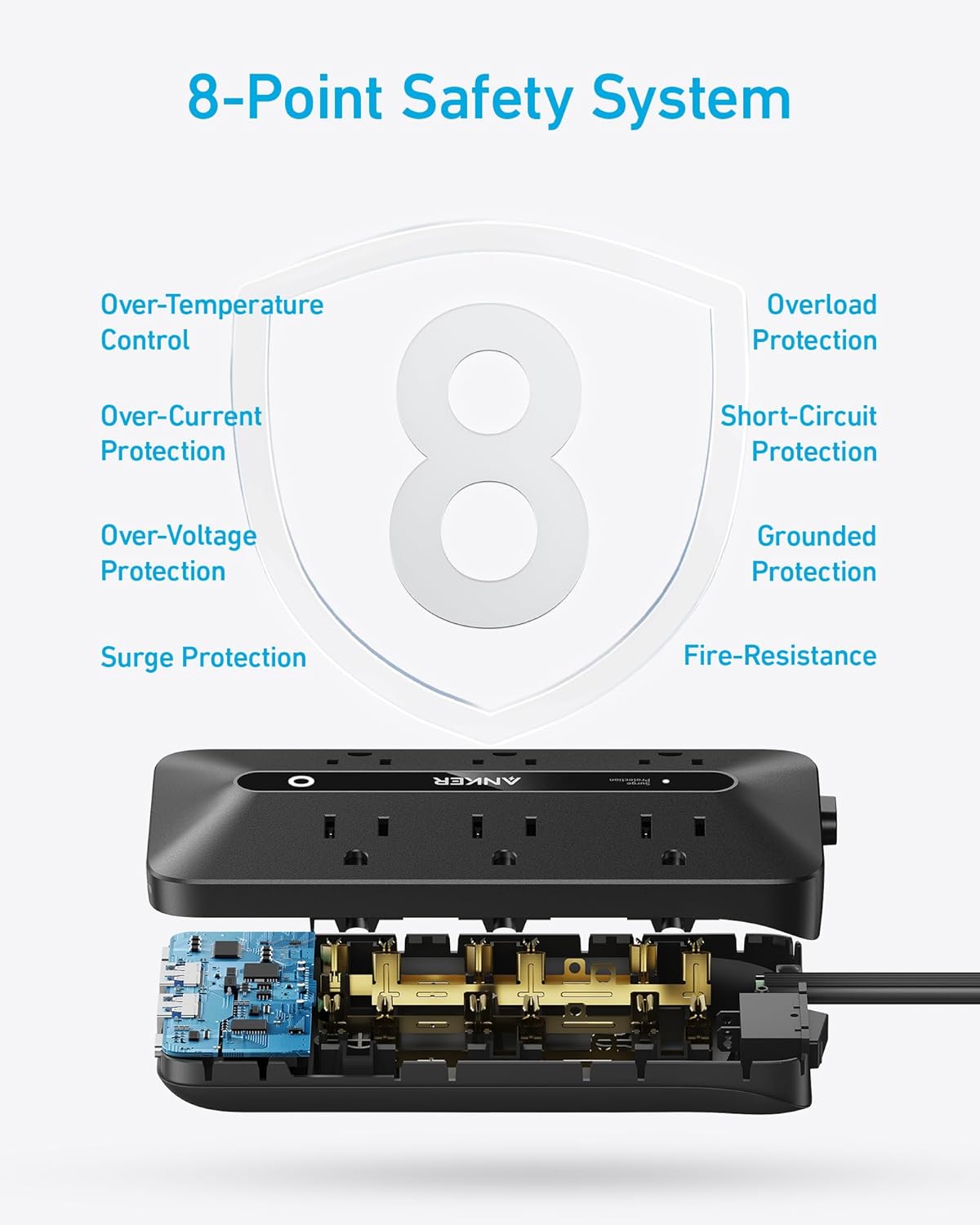 Anker Power Strip with 300J Surge Protector, Flat Plug Extension Cord with Multiple Outlets, 6 AC, 2 USB A & 2 USB C Ports for 20W, 5ft Outlet Extender, Dorm Room Essentials, Home Office