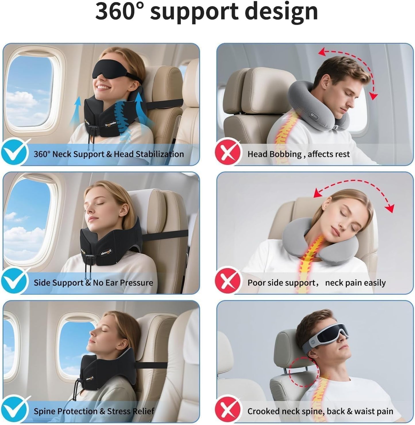 Patented Head-Bobble-preventing Ergonomic 360° Supporting Golden Formula Memory Foam Travel Neck Pillow w/3D Contoured Eye Mask Set Long Trip Sleeping Essentials for Airplane Flight Car Bus