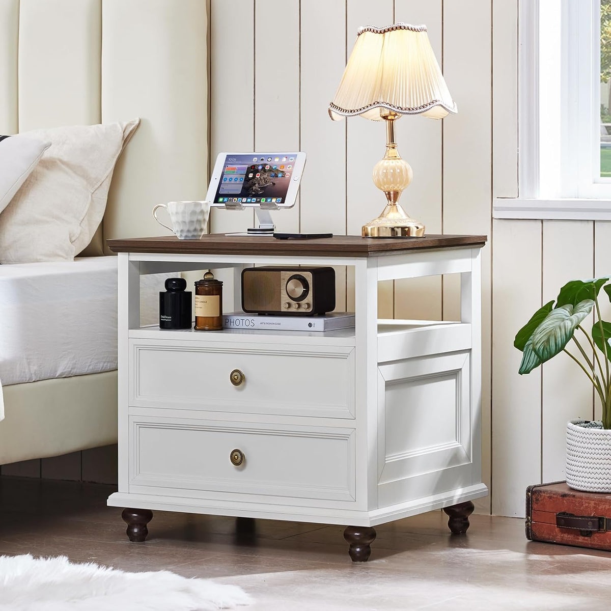 Joaxswe 24" Wide Farmhouse Night Stand,Large End Table with 2 Drawers & Metal Handle,Wood Dresser for Bedroom, White Bed Side Table Chest of Drawers Cabinet,Nightstand for Living Room,Closet
