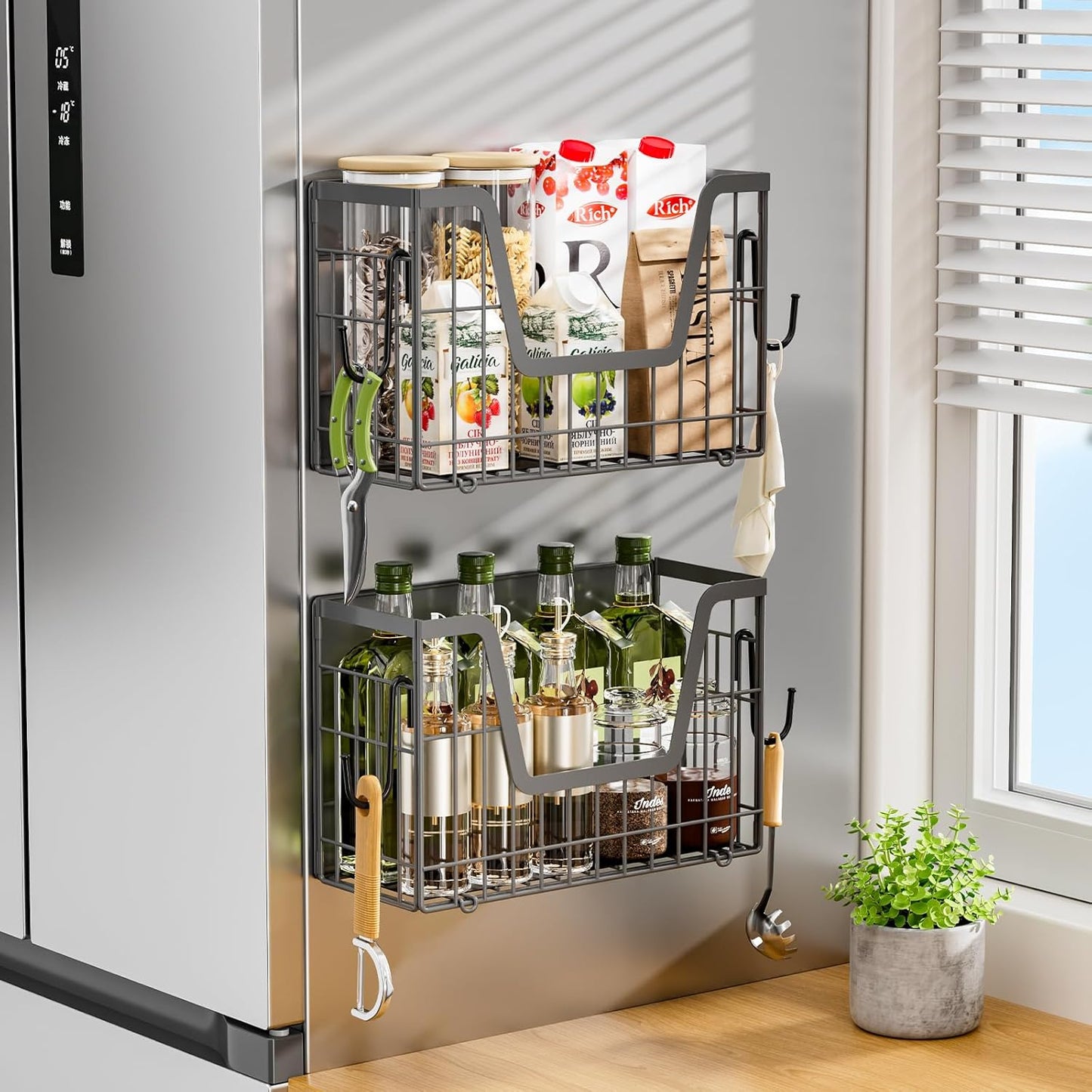Grey Magnetic Shelf for Fridge, 2 Set Potato and Onion Storage Bins, Magnetic Fruit Basket for Fridge Pantry Organizers & Storage, Magnetic Spice Rack for Refrigerator Kitchen Counter, Cabinet