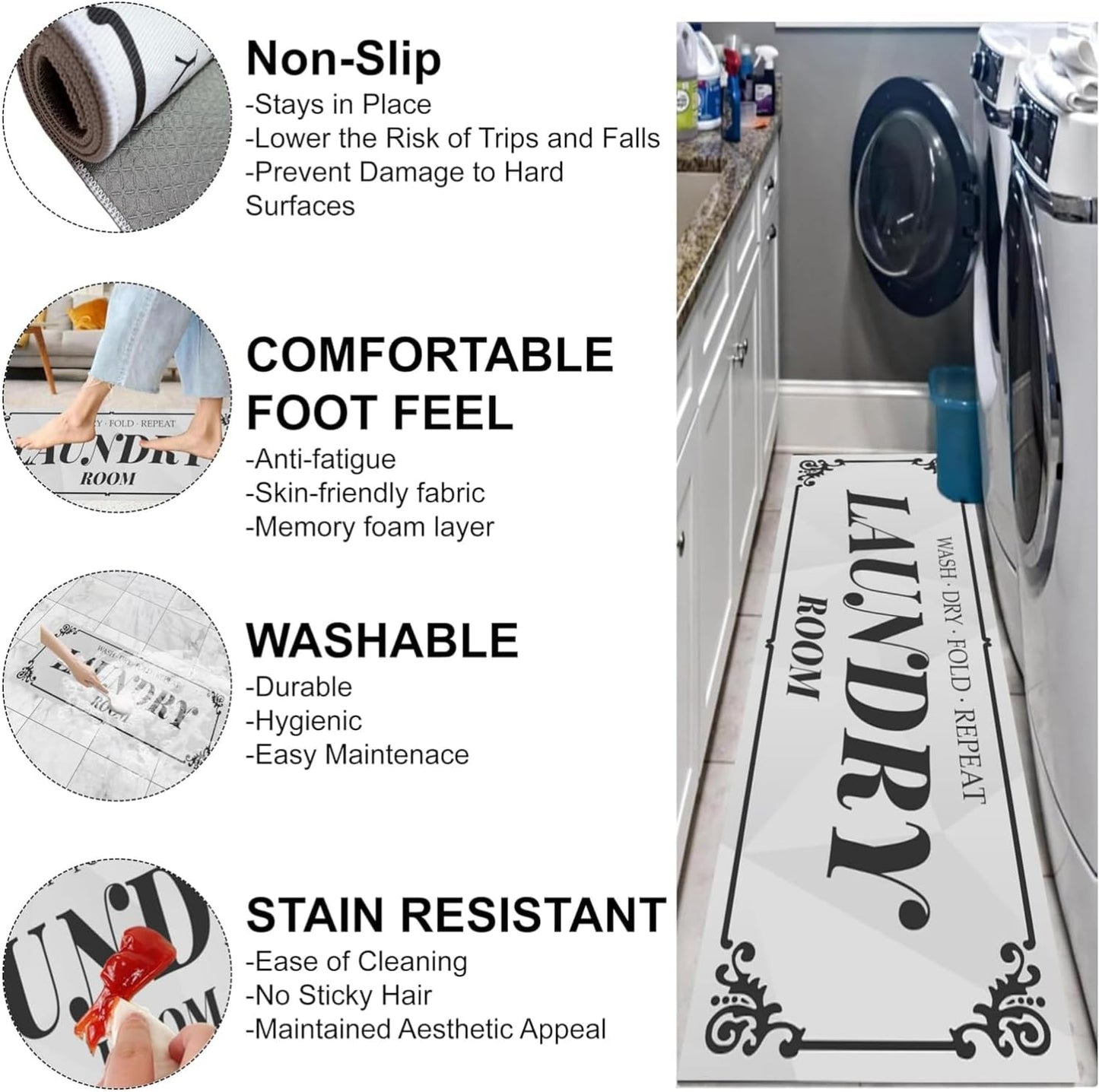 Laundry Room Rug: 17"X60" Non-Slip Washable Runner Rug, Rolled-up – NO Creases, Laundry Room Decor and Accessories, Text Design Laundry Mat - Area Rug for Farmhouse Kitchen Living Room Hallway