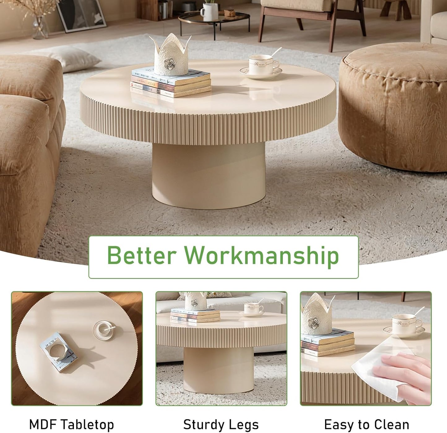 30.71'' Round Coffee Table (White Thin) | Modern Handcraft Drum Coffee Table, Unique Fluted, Wood Center Table, For Living Room, Small Space, Farmhouse, Apartment