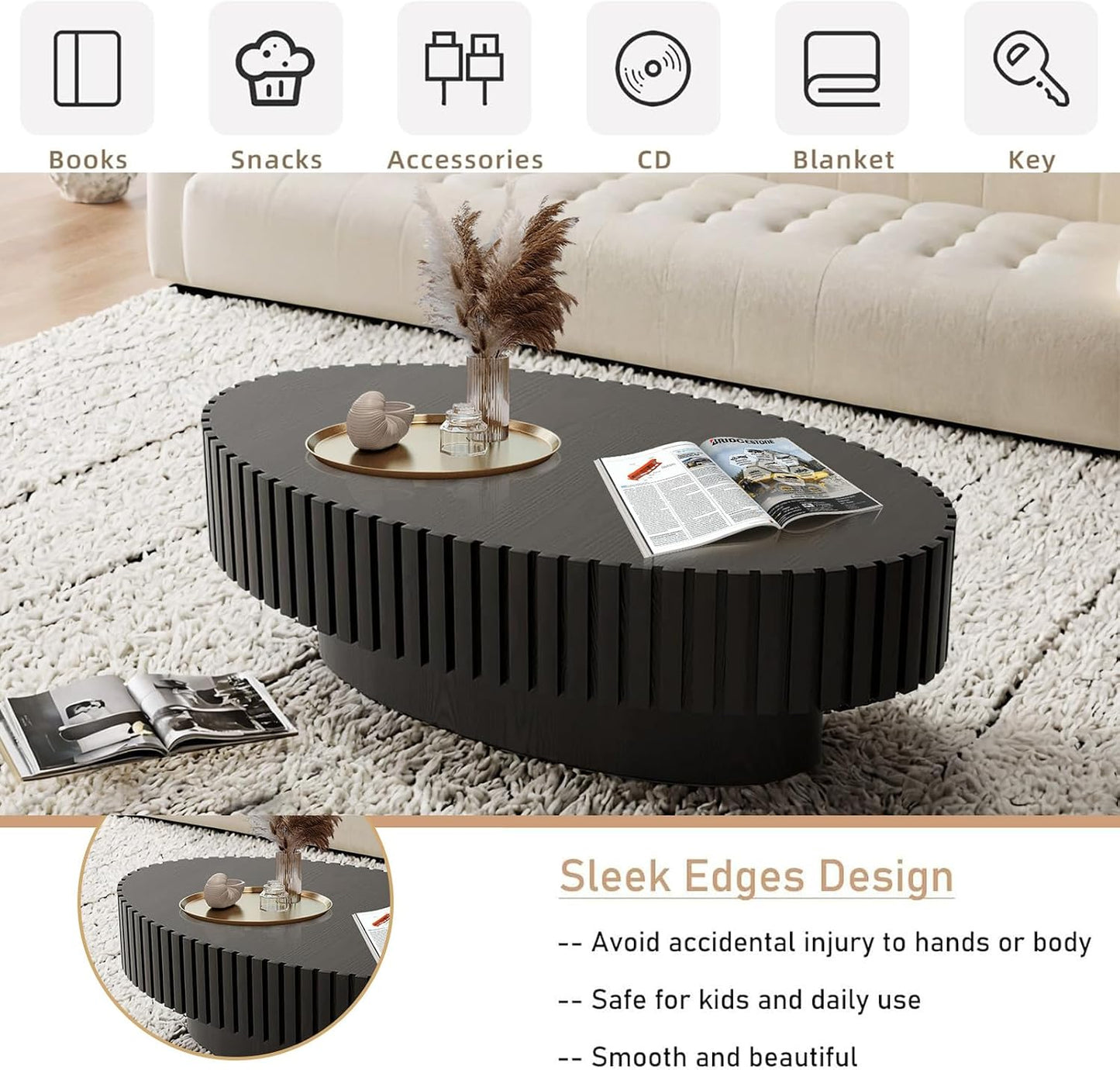 Mid Century Modern Oval Fluted Coffee Table (K) | Handcraft Drum Coffee Table, Sturdy Pedestal, Wood Veneer Top, for Living Room Reception Room Farmhouse