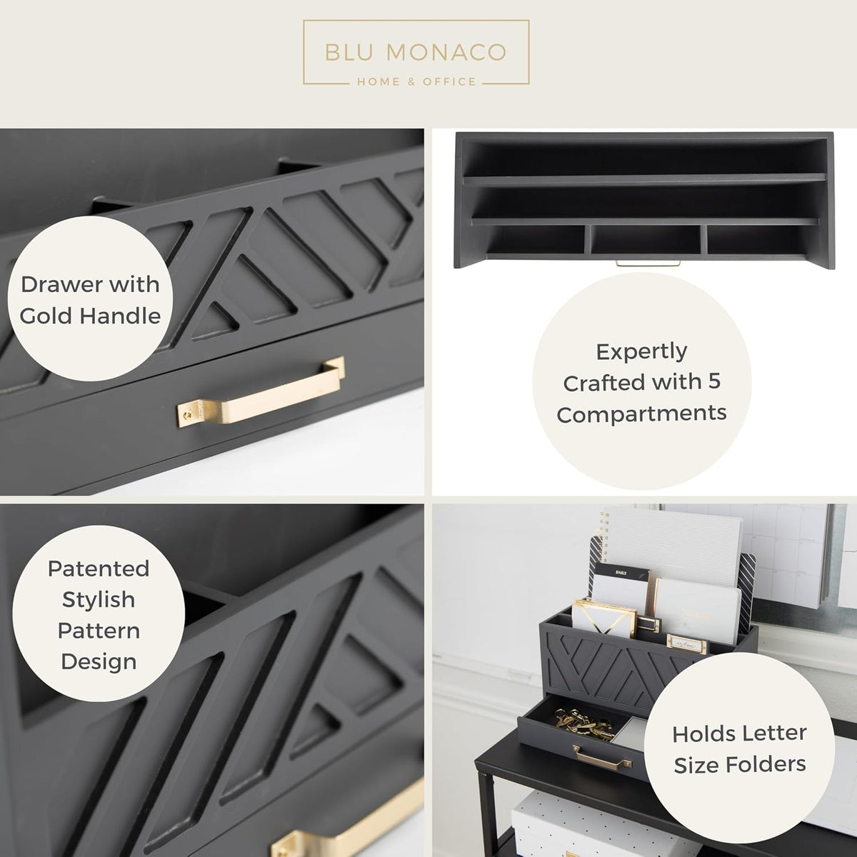 BLU MONACO | Wooden Mail Organizer with Drawer Gold Handle | Mail Sorter Organizer Countertop and Outgoing Mail Holder | Tabletop Organizer with Drawers Grey Desk Storage
