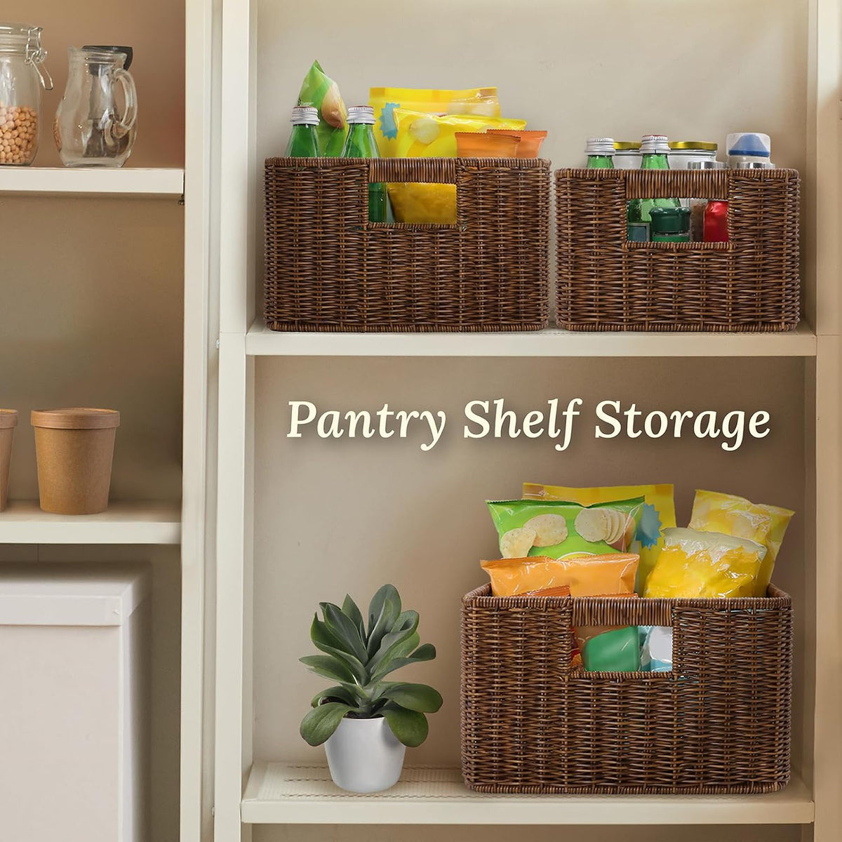 WeeNest Baskets with Handles, Wicker Storage, Shelf Boxes for Organizing, Decorative Resin, Set of 3, Toffee