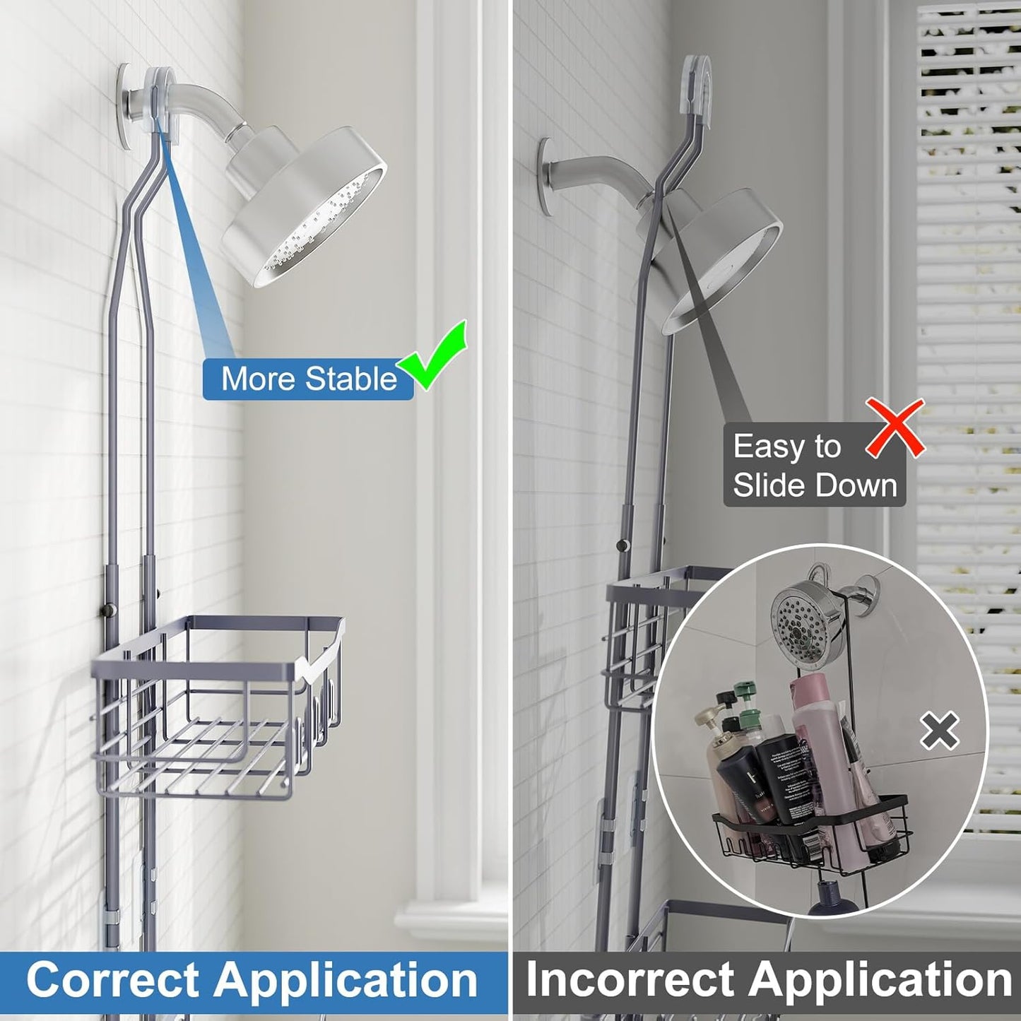 Upgraded Extended Length Shower Caddy Over Showerhead No Blocking to Showerhead, Rustproof Bathroom Organizers and Storage with Hooks Shampoo Soap Holder, Large Hanging Caddy, Grey