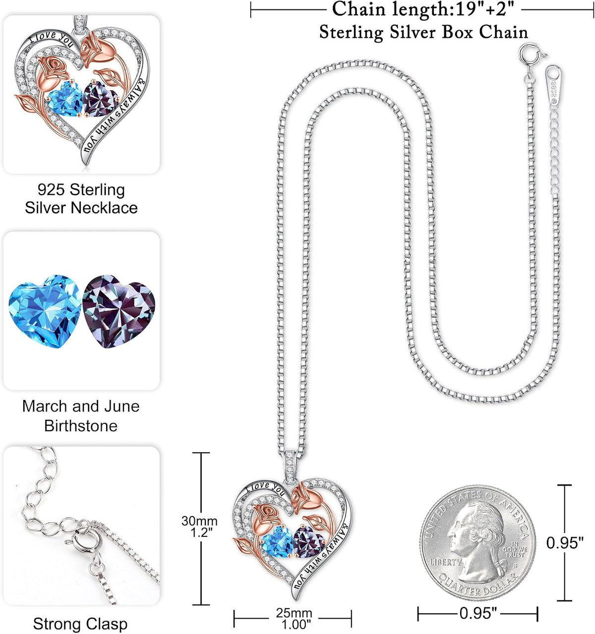 Iefil Birthstone Necklace for Women - Rose Heart Necklace