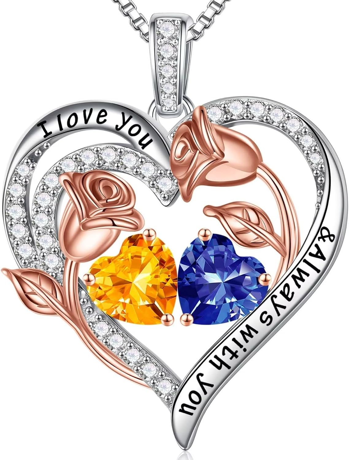 Iefil Birthstone Necklace for Women - Rose Heart Necklace