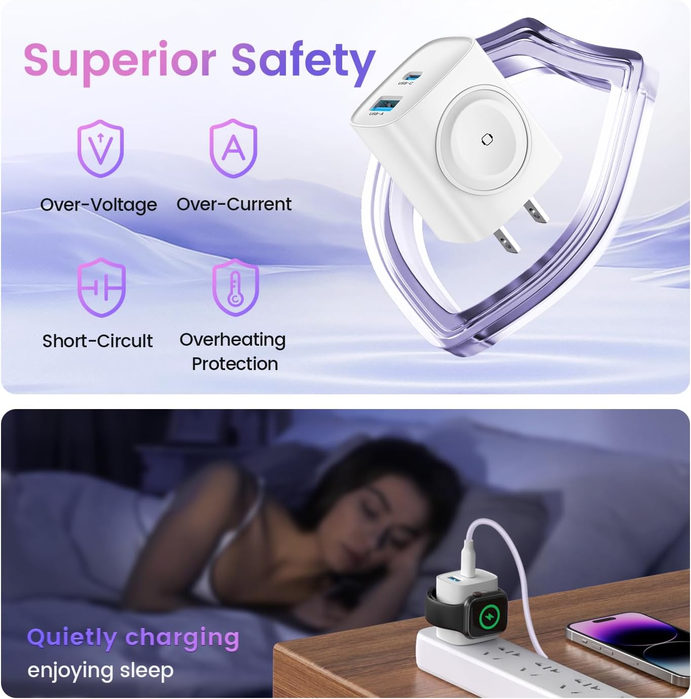 TOPADRE PD 20W USB C Charger Block for Apple Watch,3-in-1 Charging Station with Built-in Wireless Charger, Dual Ports Compatible with Apple Watch, iPhone, AirPods, White