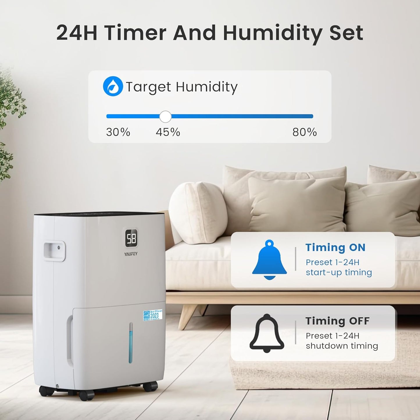 Yaufey 5000 Sq.Ft. Energy Star Certified Dehumidifier, Max 80 Pints Dehumidifier for Basement with Drain Hose, Smart Compressor with Intelligent Humidity Control, Dehumidifiers for Home Bedroom