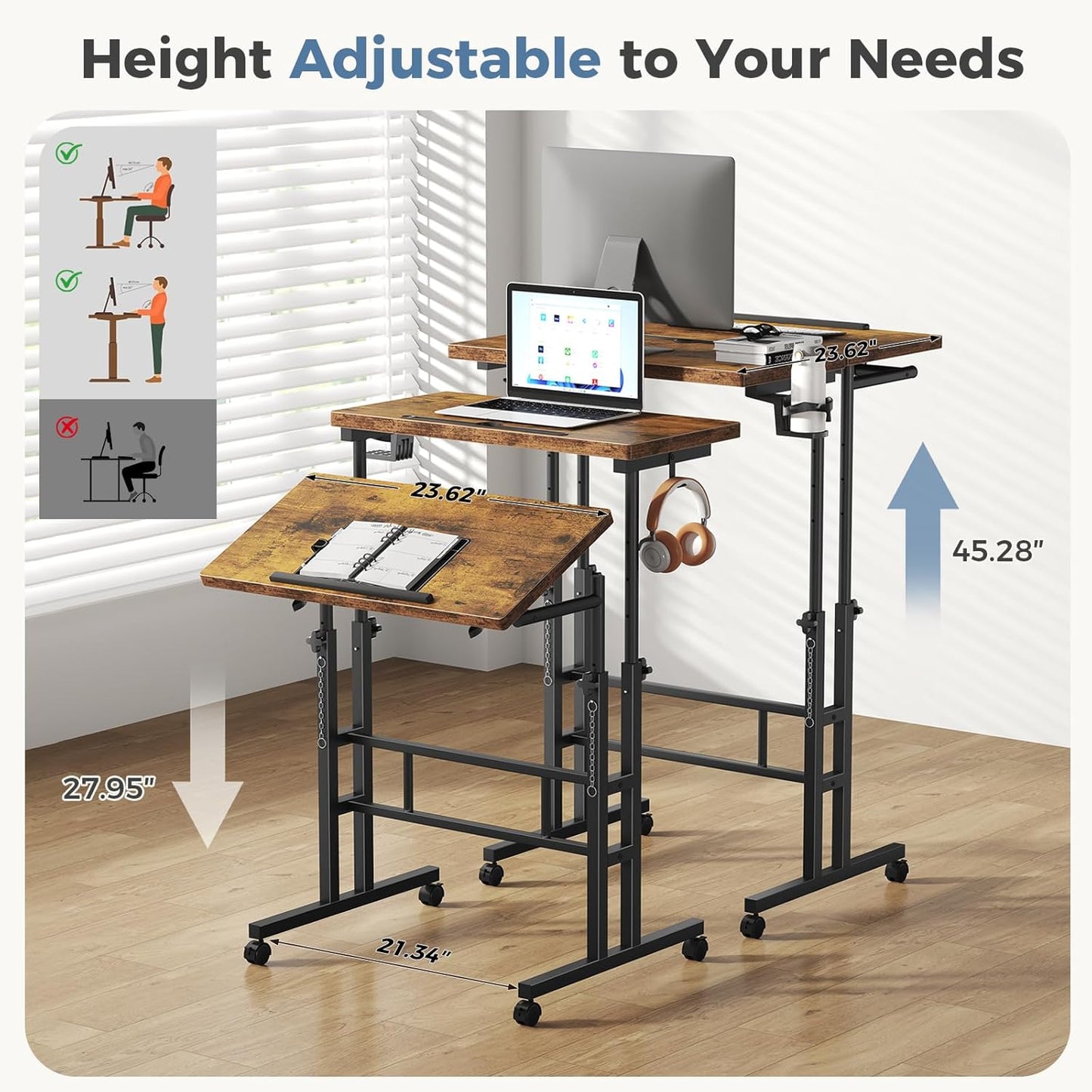 DUMOS Split Top Rolling Standing Desk, 23.6" Mobile Laptop Desk, Manual Height Adjustable Workstation on Wheels, Sit Stand Office Table, Walking Pad Study Desk, Rustic Brown