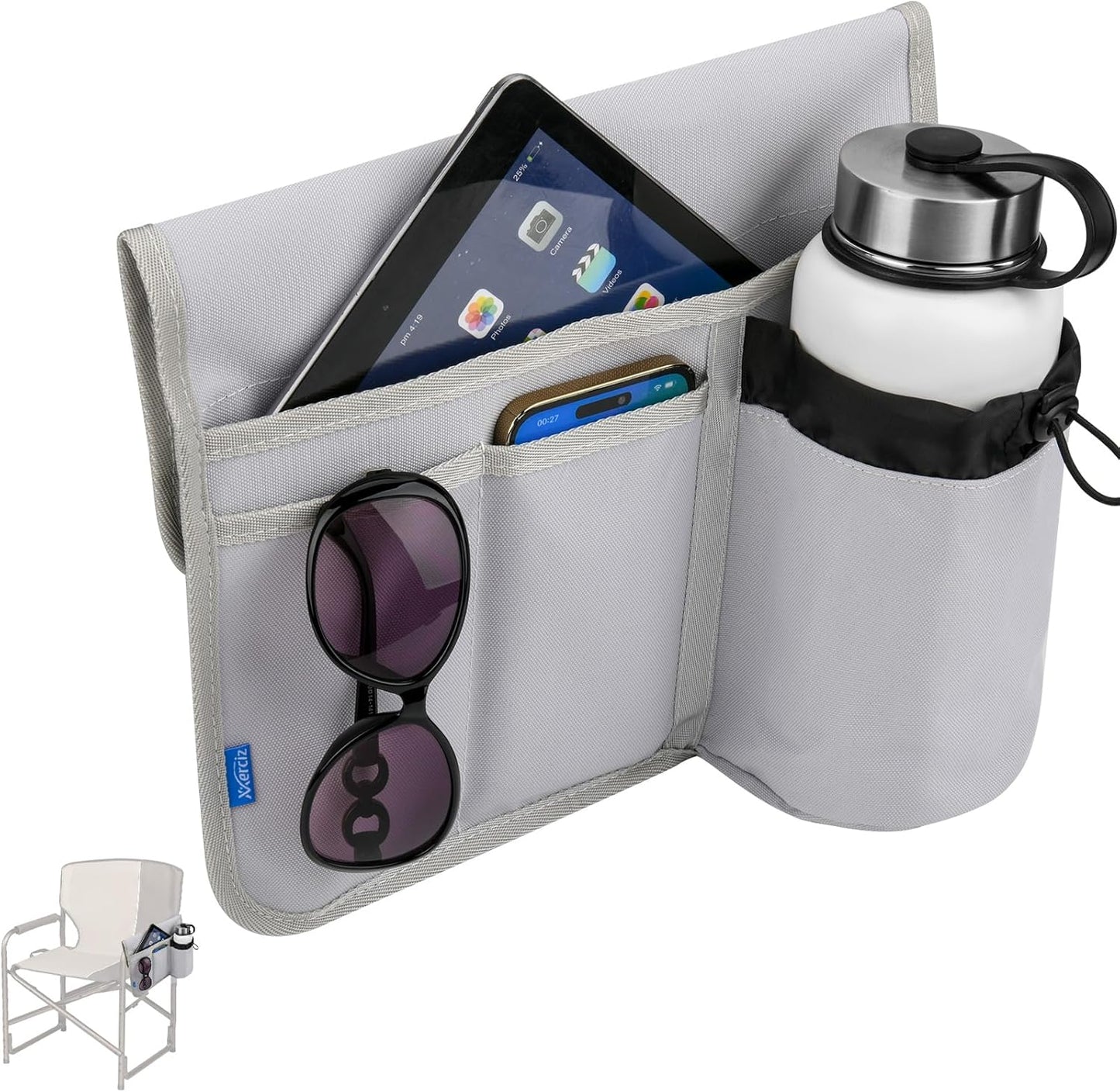 Xxerciz Beach Chair Cup Holder, Camping Chair Armrest Drink Organizer with Easily Attached Hook and Loop Strap, Universal Chair Accessory for Water Bottle, Sunglasses, Phone, Tablet, etc. (Blue)