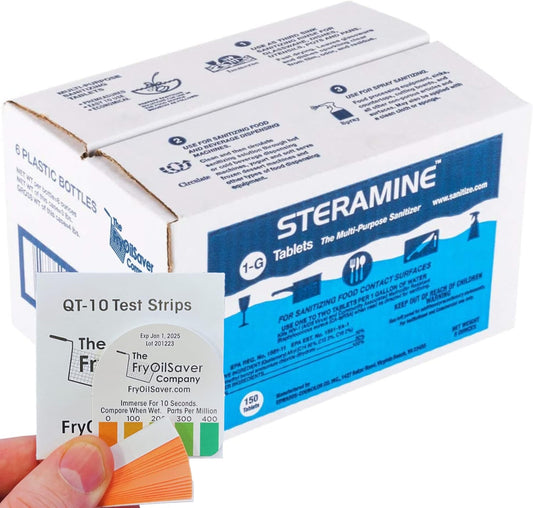 6 Bottles Steramine Sanitizer Tablets w/15x QT-10 Test Strip - Multi Purpose Steramine Sanitizing Tablets for Food Contact Surface, Kitchen, Restaurant, Diner & Food Service by FryOilSaver (900 Count)