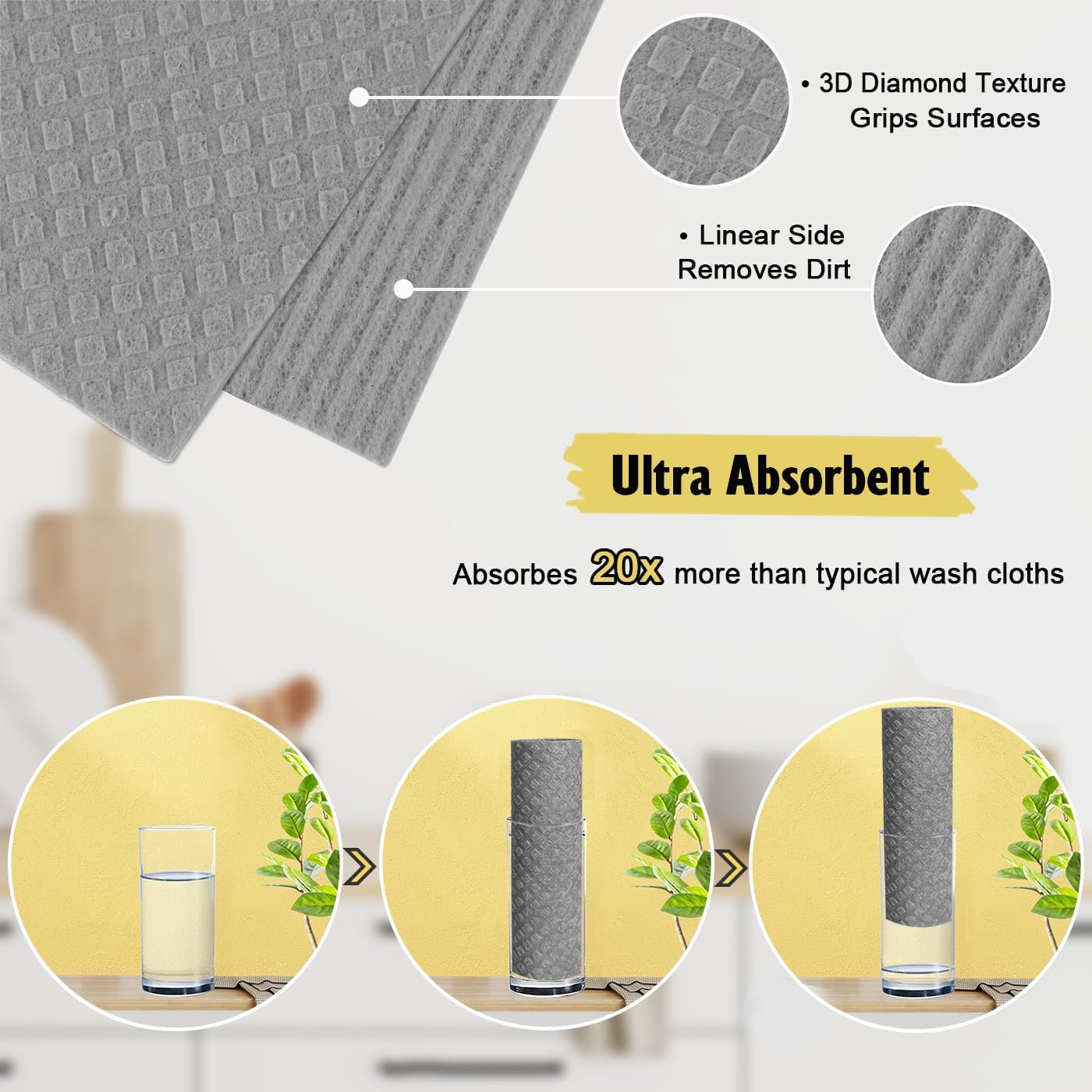 MoLKENE Swedish Dishcloths for Kitchen | 10 Pack Absorbent Cellulose Sponge Cloths Washable | Non-Scratch Reusable Paper Towels Quick Drying Cleaning Rag - Grey