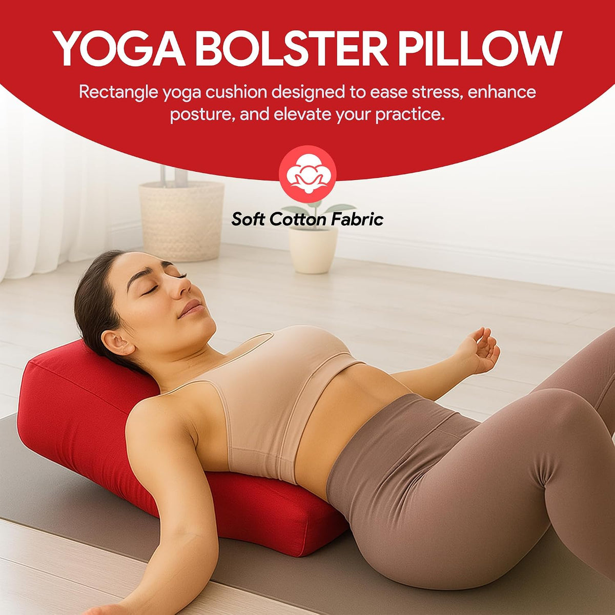 Rectangular Yoga Bolster Pillow for Meditation, Yoga & Back Support – Soft Meditation Cushion with Removable Hand Wash Cotton Cover & Carry Handle (Red)