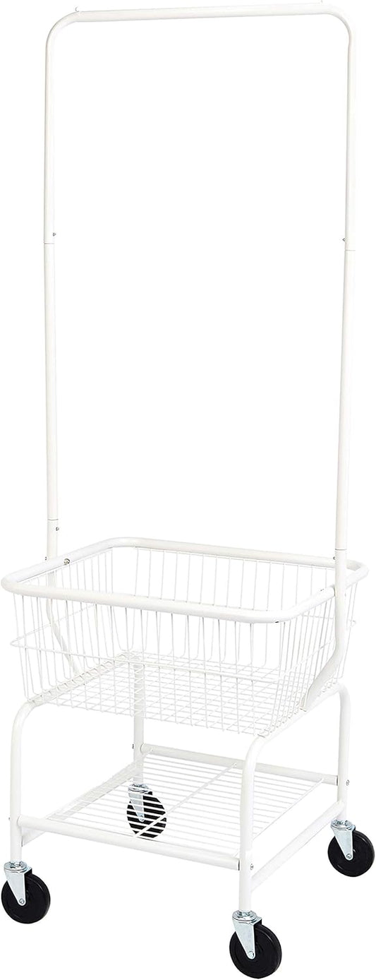 Amazon Basics Rectangular Laundry Hamper Basket Butler Cart with Wheels and Hanging Rack, Sturdy Metal, 71.1 inches Height, White