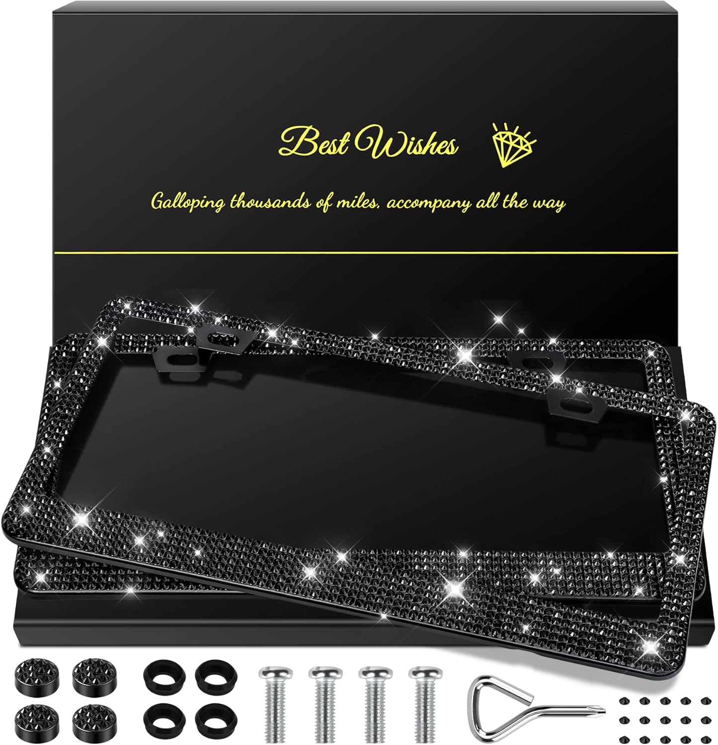 QUANQIUFEI 2 Pack Bling License Plate Frames for Women, Sparkly Rhinestone Diamond Car Accessories with Glitter Crystal Caps (Black)