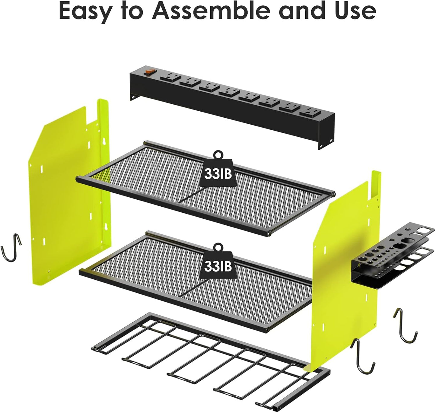 CCCEI Modular Power Tool Organizer Wall Mount with Charging Station. Garage Drill Storage Shelf with Hooks, Heavy Duty Rack, Tool Battery Holder Built in 8 Outlet. Gift for Men. Green, 1 Pack.