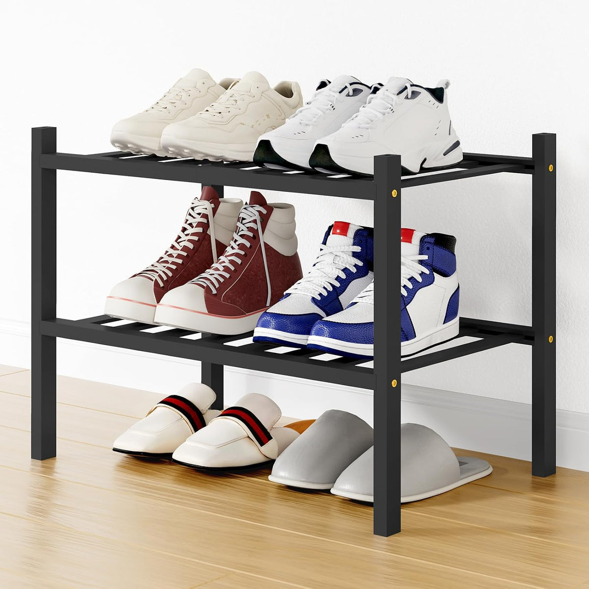 Smiry Bamboo Shoe Rack, 8 Vertical Slats, 2 Tier - 17.3" Wide, Black