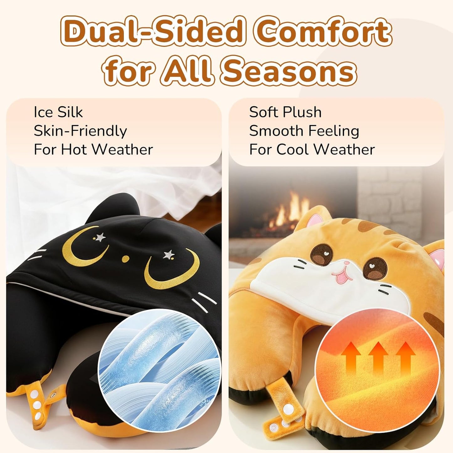 Certified to ASTM & CPSIA Standards–Kids Travel Neck Pillow with Hood,Memory Foam Airplane Pillow,Double-Sided, Cute Design, Cooling Ice Silk & Soft Plush, Adjustable, Portable & Washable for Flights