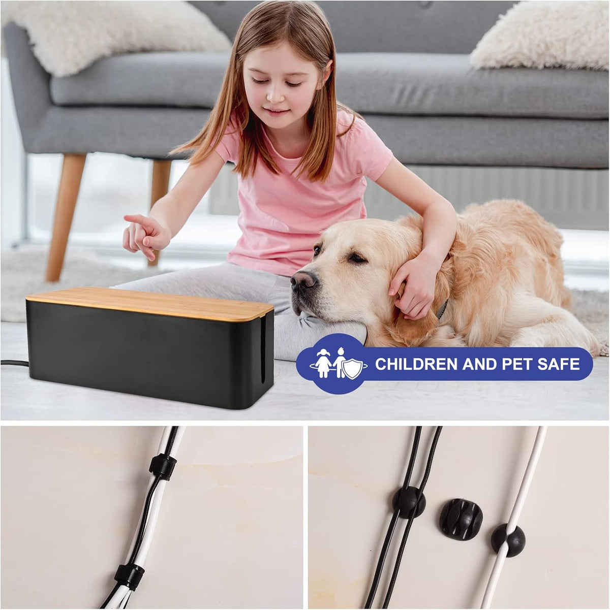 Tuwechen Cable Management Box, Wooden Style Cord Organizer Box