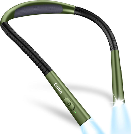 Gritin Book Light, Eye Caring 4-Color & 5-Brightness Neck Light Reading Light- Stepless Dimming,30-min Timer,80+ Hrs Runtime,Bendable Round Neck Design, Lightweight for Reading-Deep Green