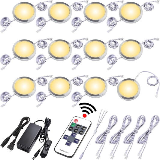 Slim Under Cabinet LED Puck Lights, 110V Wired Ambiance Lighting, Plug-in & Direct Hardwired, Daisy Chained linkable, Wireless RF Remote Dimmable, White Cables, Warm White, 12 Lights