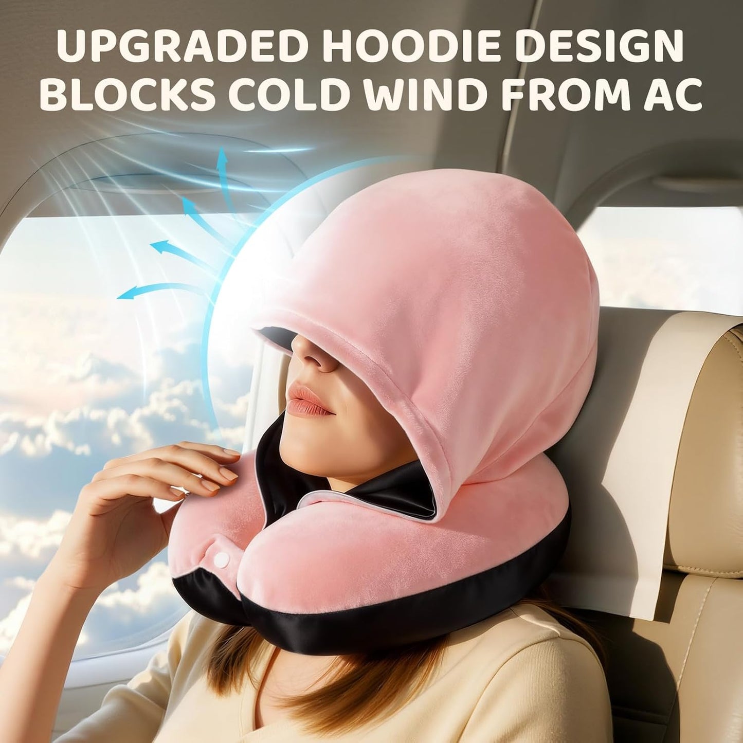Mewaii Travel Neck Pillow with Hood for Airplanes,Memory Foam,Breathable Ice Silk & Soft Velvet,Double-Sided,Removable to Clean,Adjustable Strap,Portable Travel Pillow for Long Flights Adults & Teens