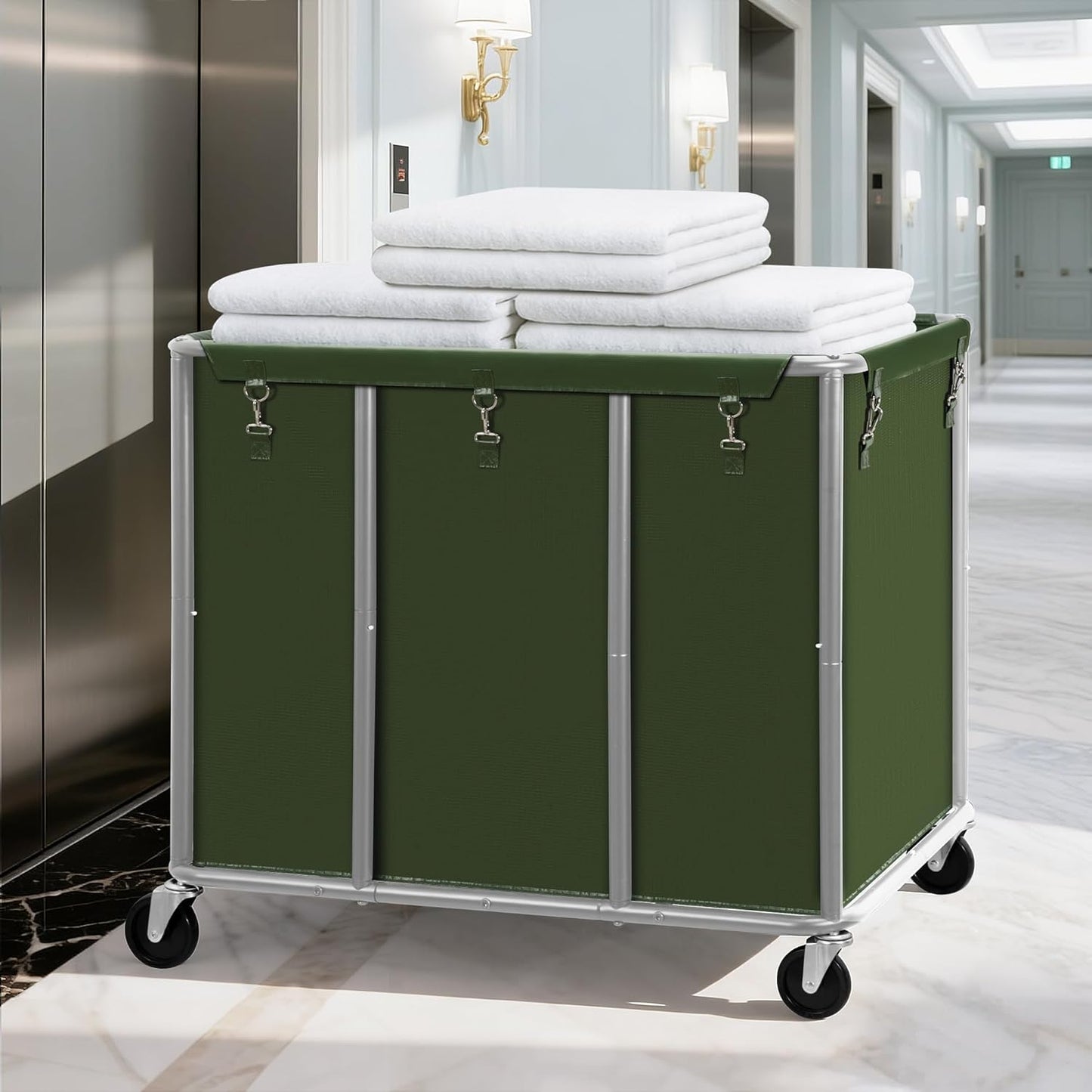 STO STO Commercial Laundry Cart with Lockable Wheels, Large 420L Industrial Rolling Laundry Hamper with Steel Frame, Removable Waterproof Bag, 400 lbs Capacity for Hotels, Hospitals, Factories, Green
