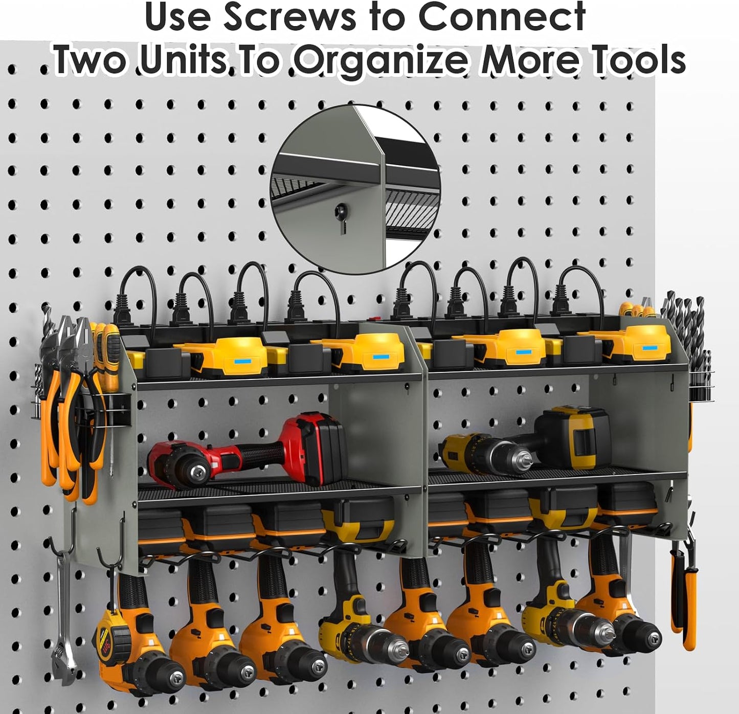 CCCEI Wall Mount Modular Tool Charging Organizer, Grey, 1 Pack, 3 Tier. | Drill Battery Storage Rack with Hooks, Garage Workshop, Gifts for Men, Dad, Husband Anniversary, Birthday, Christmas