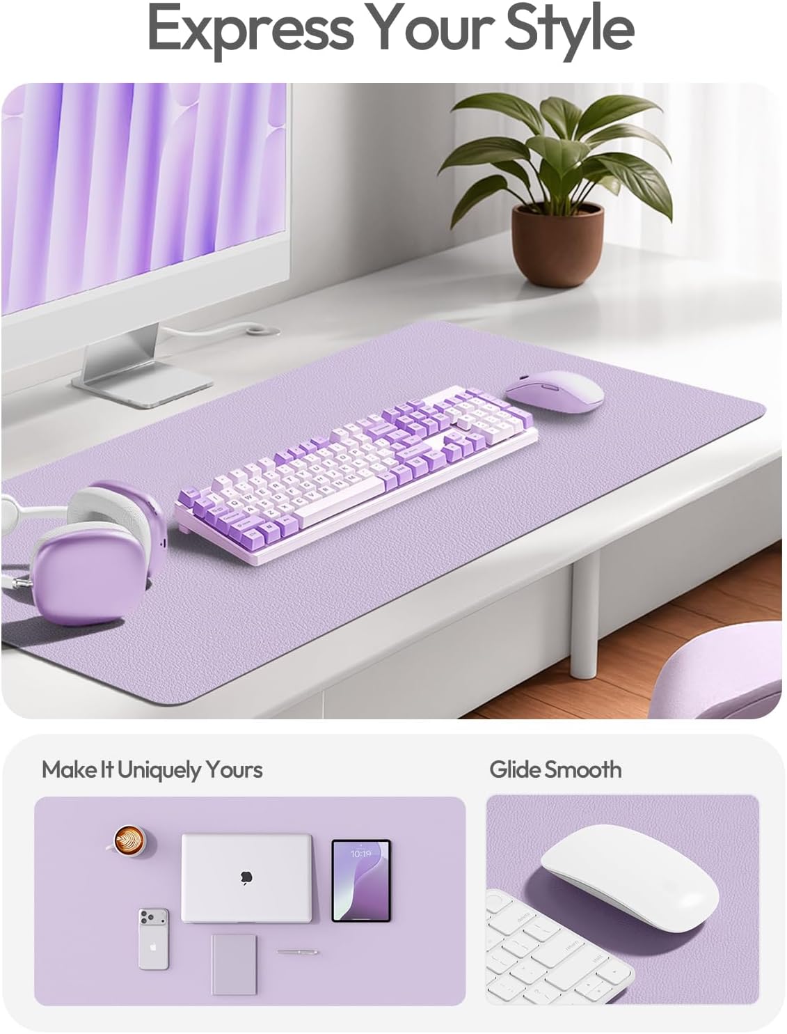 YSAGi Leather Desk Protector, Office Mat, Large Mouse Mat, Non-Slip PU Leather Blotter, Laptop Desk Pad, Waterproof Writing Pad for Office and Home (Light Purple, 47.2" x 23.6")