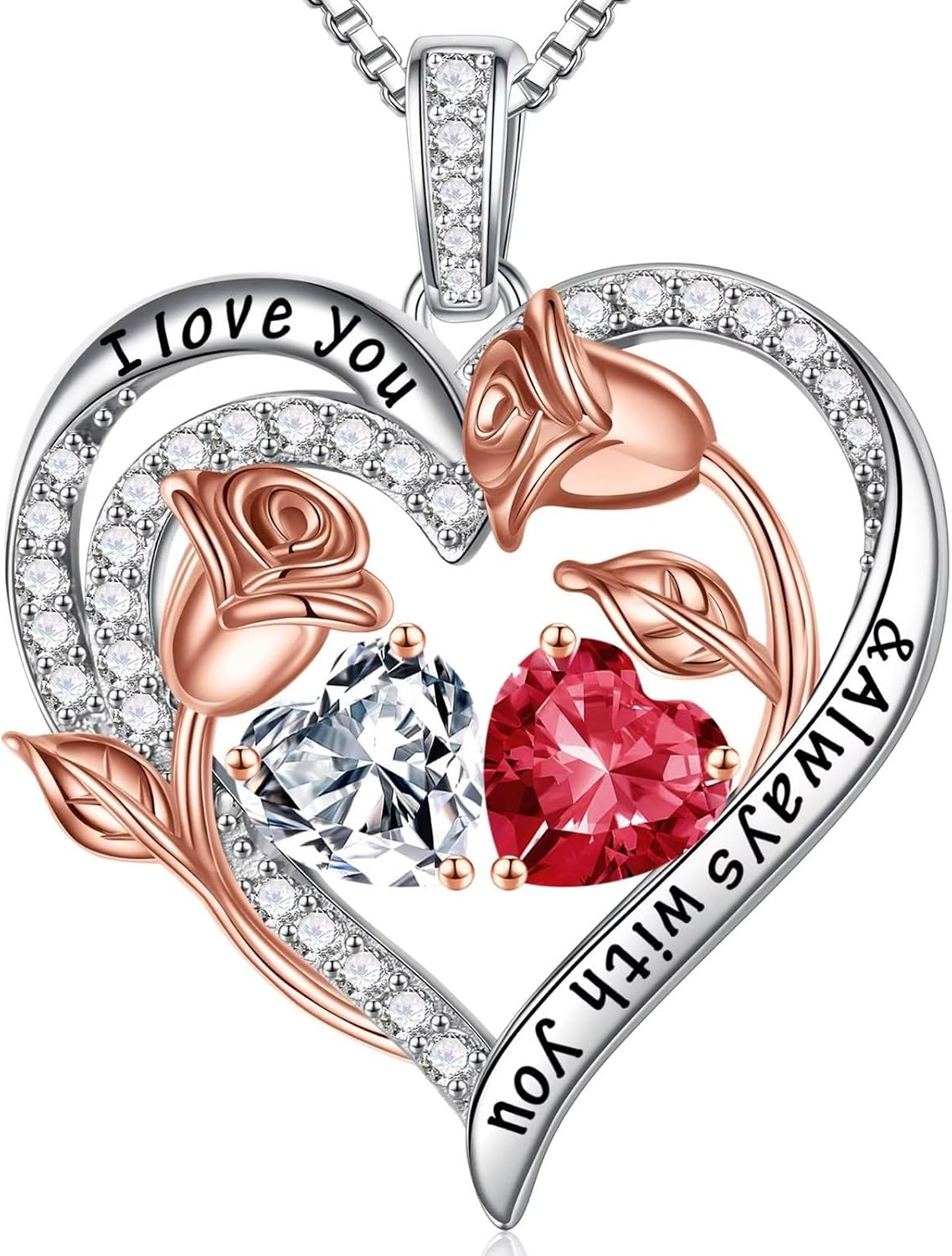 Iefil Birthstone Necklace for Women - Rose Heart Necklace