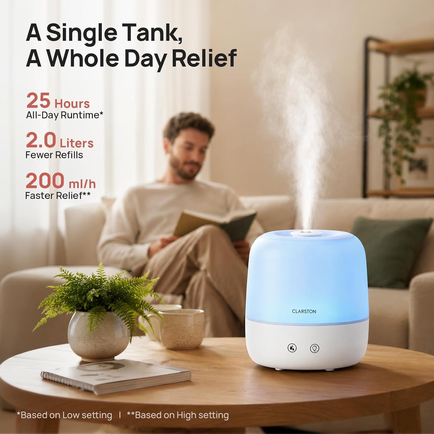 Clarston Humidifiers for Bedroom, 2L Top Fill with 360° Nozzle for Large Room, 7-Color Night Light, 24dB Quiet Cool Mist Air Humidifier for Baby Nursery & Plants, No BPA, Auto Shut Off, Easy to Clean