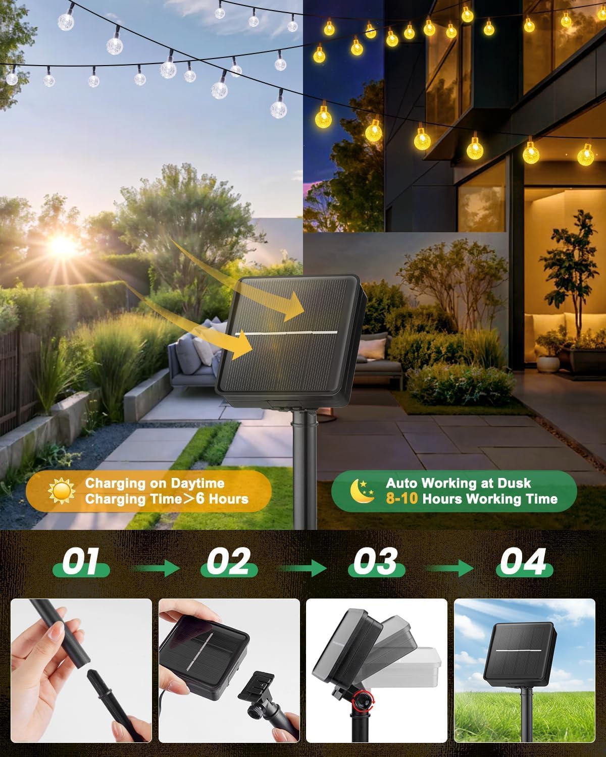 Brightown Solar String Lights Outdoor Waterproof, 2 Pack 60 LED 36.5 FT Each, Solar Powered Patio Lights with 8 Lighting Modes for Garden Yard Porch Wedding Party Decor (Warm White)