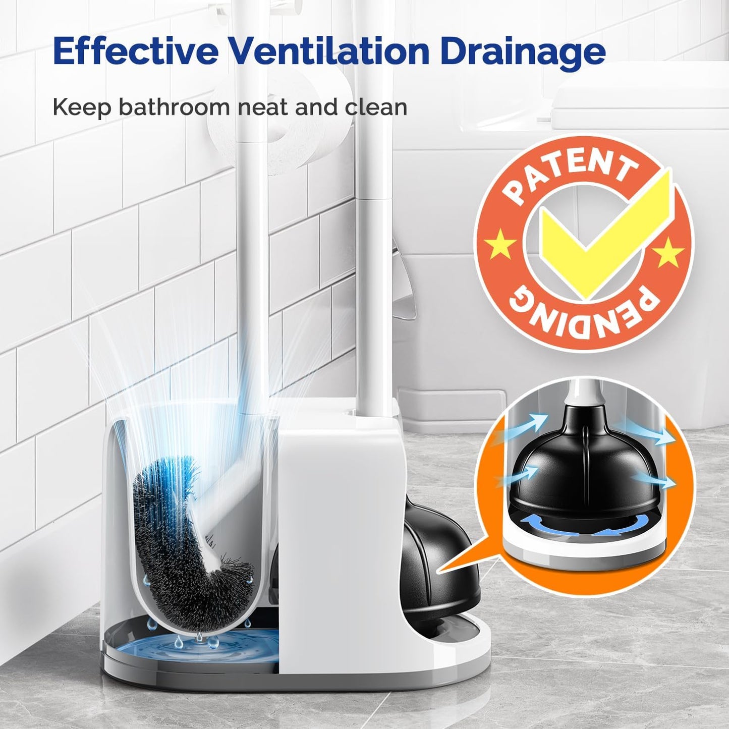 HAMITOR Toilet Plunger Bowl Brush Combo：Heavy Duty Rubber for Drain Clog Remover - Curved Design Bristles for Deep Cleaning Under Rim - Compact Bathroom Cleaning Tools for New Homet Essentials - White