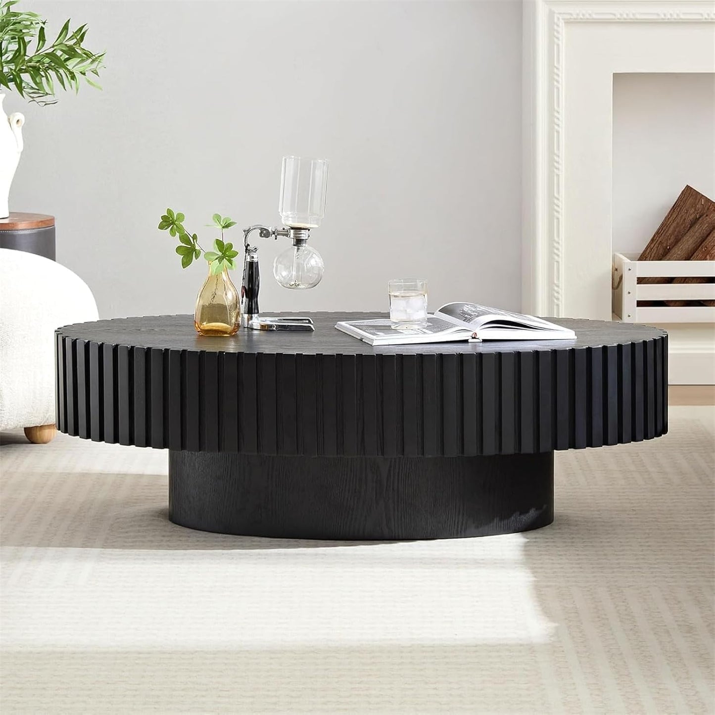 Handmade Oval Grooved Drum-Shaped Coffee Table (C Black 43in) | Rustic Modern Circular Centerpiece for Living Room & Farmhouse Decor, Easy to Clean