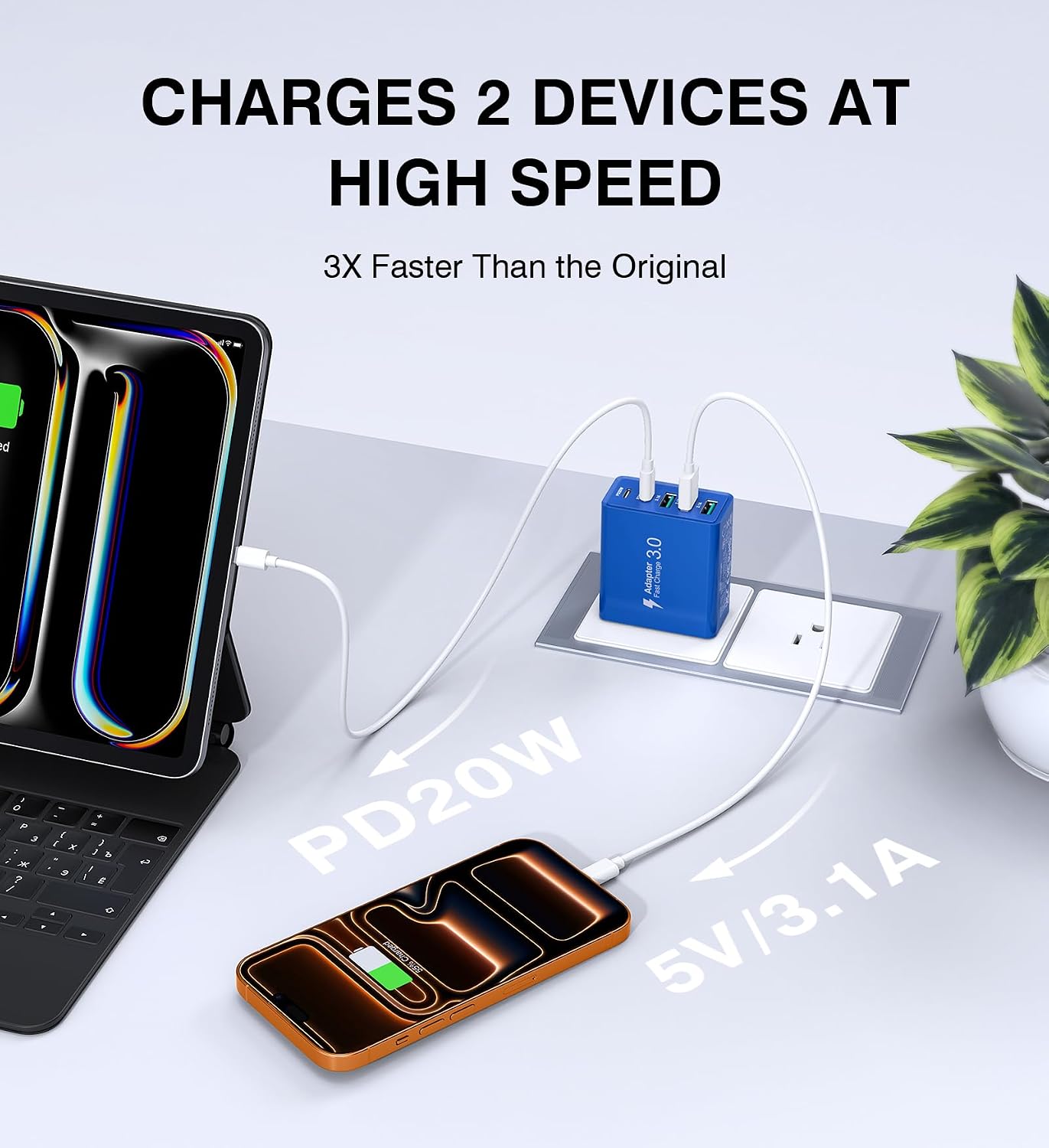 USB C Wall Charger, 50W USB C Charger Block 2-Pack 5-Port PD Fast Charging Blocks,Multiport 2USB C+3USB A Plug,Type C Power Adapter Brick Cube for iPhone 16/15/14/13,Samsung,for Switch（Dark Blue）