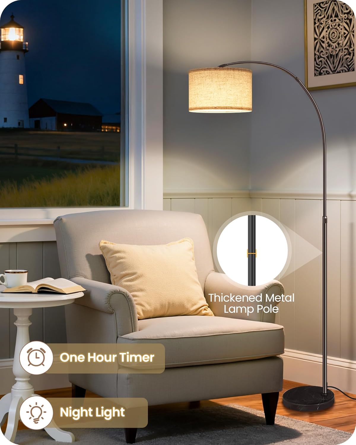 75" Arc Floor Lamp with Marble Base and Adjustable Height, Rotating Hanging Shade, Dimmable Floor Lamp for Living Room with Remote and Foot Switch, 3CCT, Over Couch Arched Reading Light E15LD05