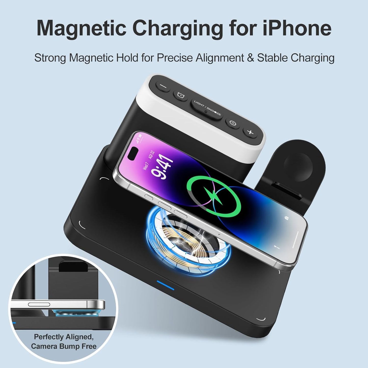 ANJANK Wireless Charging Station,5 in 1 Multiple Charger Stand with Alarm Clock,7 Night Light,Magnetic Charging Dock for iPhone 17 16 15 14 13 12 Pro Max Plus,Apple Watch 11/10/9/8,for Airpods,Bedroom