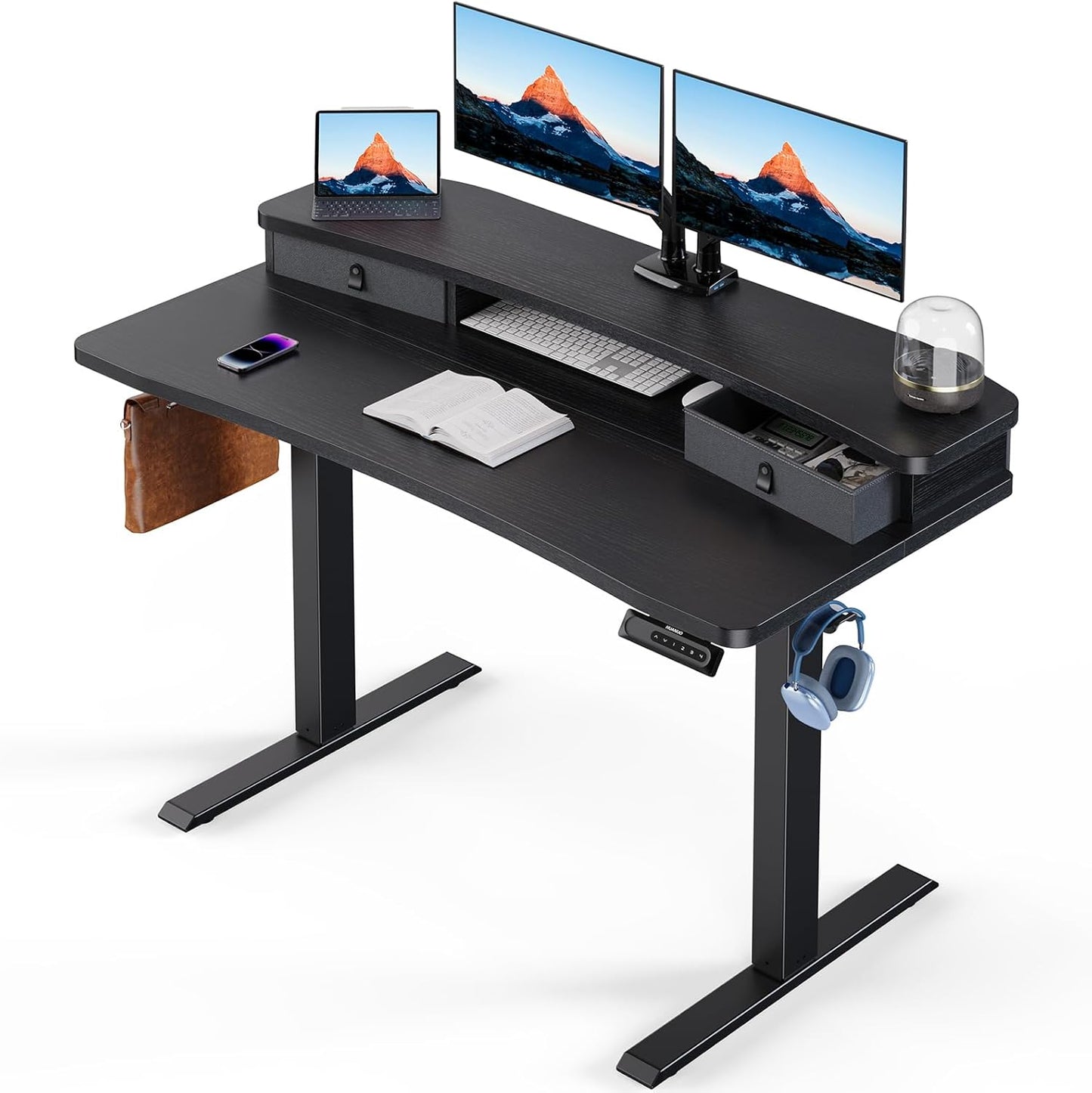 HUANUO 48″ x 24″ Electric Standing Desk with 2 Drawers, C-Clamp Mount Compatible, Height Adjustable Computer Desk, Home Office Stand Up Desk with 4 Preset Heights & 2 Hooks, Vintage Brown