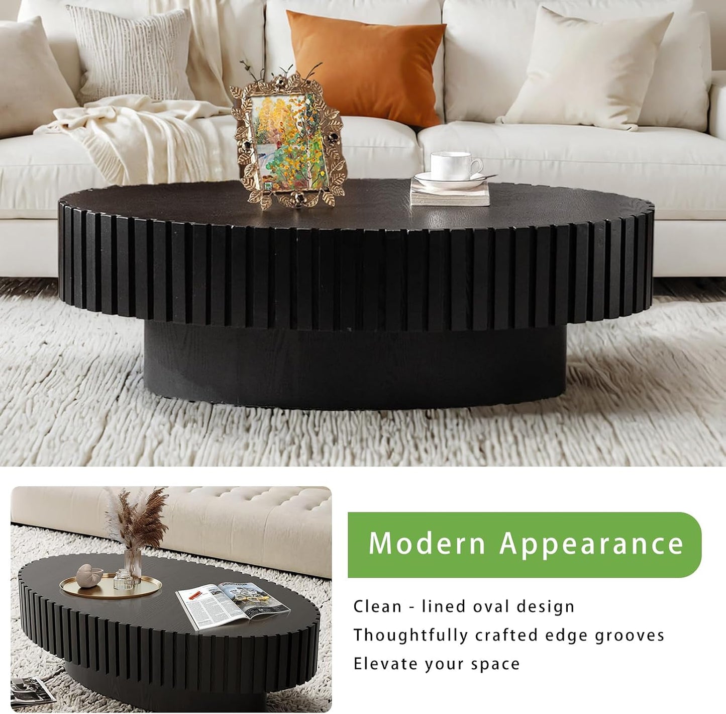Mid Century Modern Oval Coffee Table for Living Room (Oval Black) | Drum Oval Fluted Wood Coffee Table, Pedestal Center Table for Office Patio