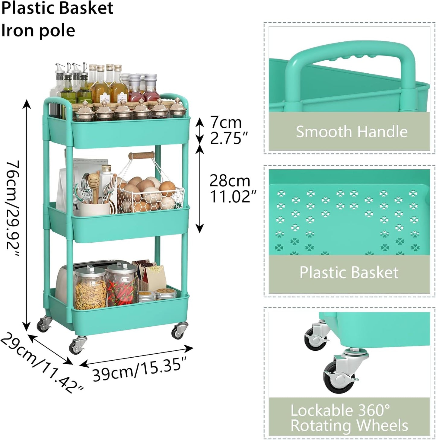 Sywhitta 3-Tier Plastic Rolling Utility Cart with Handle, Multi-Functional Storage Trolley for Office, Living Room, Kitchen, Movable Storage Organizer with Wheels, Green