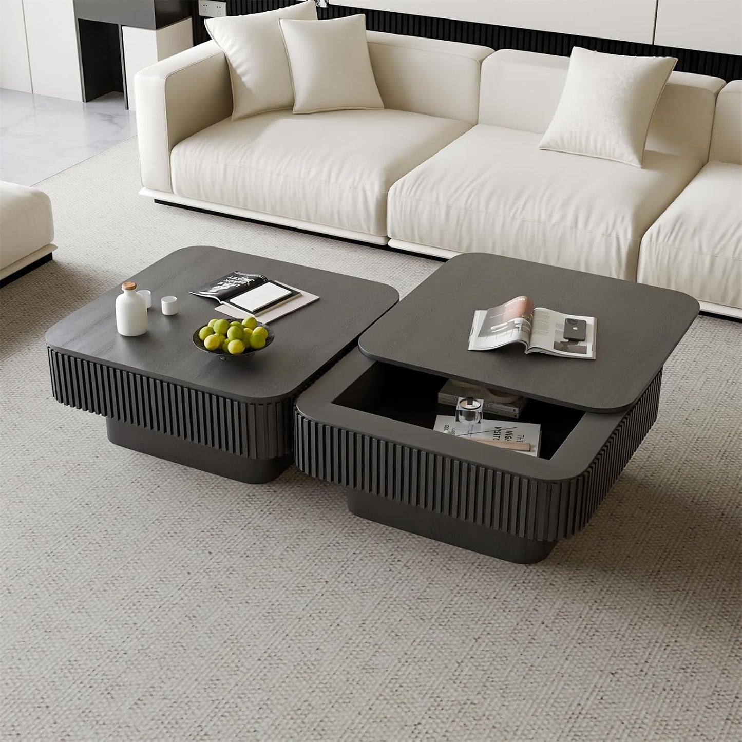 Square Coffee Table for Living Room,Fluted Drum Accent Tea Center Table with Storage,Solid Wood Modern Coffee Tables for Small Space Office Apartment (31.5" L×31.5''W×14''H-Black)
