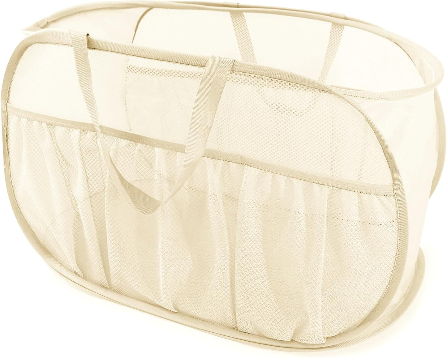2 Pack Collapsible Laundry Baskets, Upgrade Pop Up Laundry Hamper with Convenient Bags, Foldable Laundry Basket Mesh Light Weight, Easy to Carry Clothes Hampers for Laundry, Dorm, Toys, Travel White