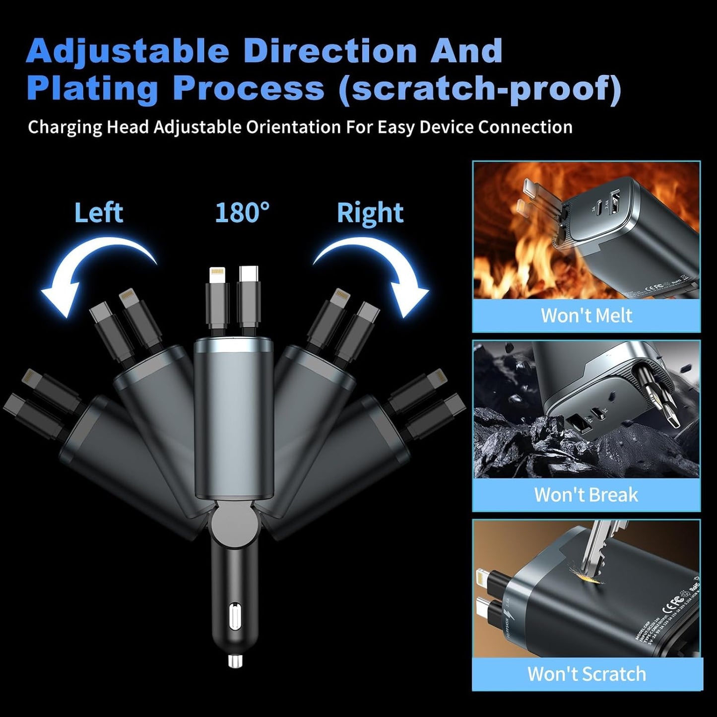 Retractable Car Charger 4 in 1, Car Charger USB C Fast Charge 84W Cigarette Lighter USB Charger, Travel Essentials Car Accessories Gifts for Men Women for iPhone 17 16 15 14 13 12 Pro Max, Samsung